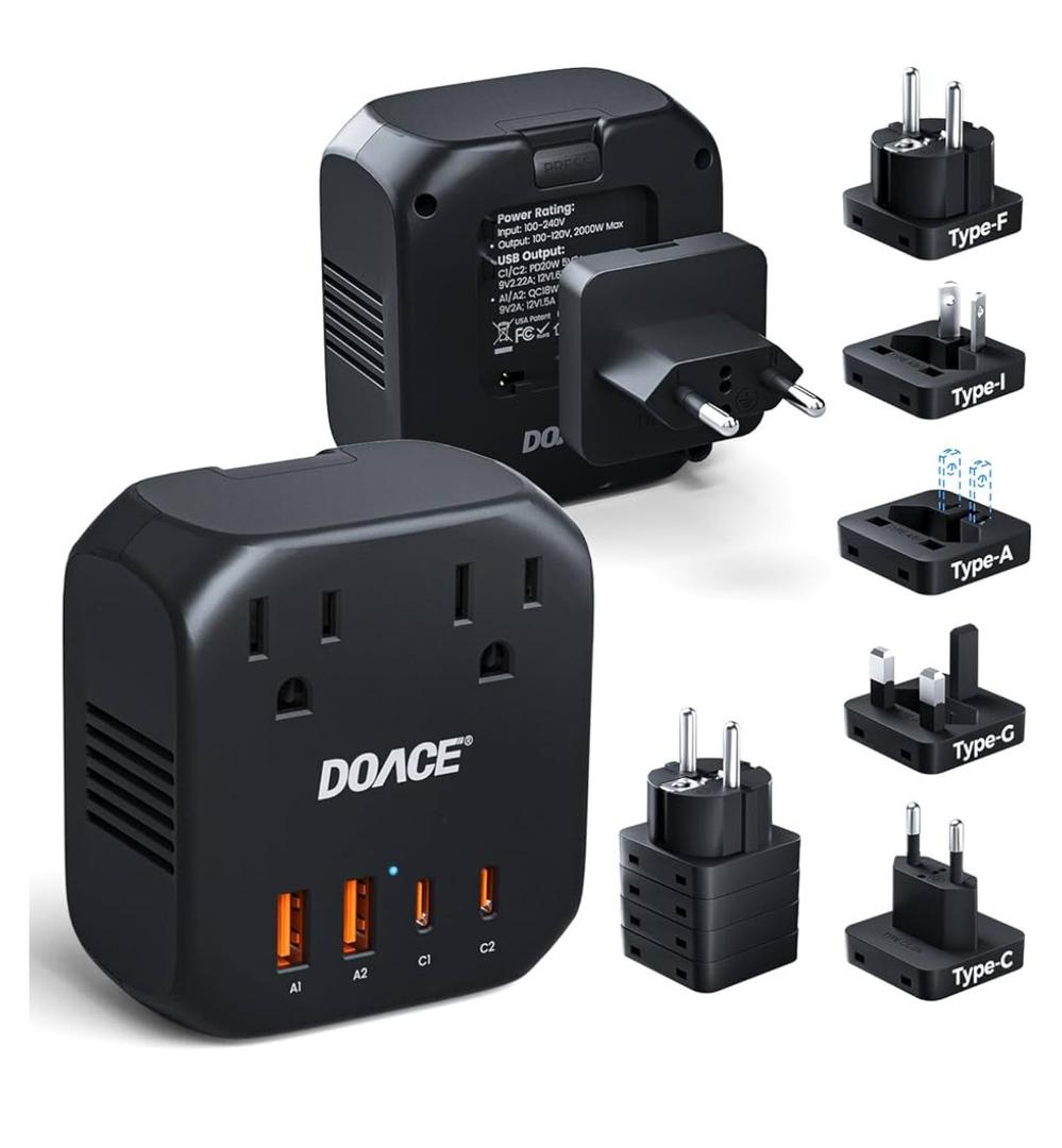 DOACE 2000W Voltage Converter US to Europe - 220V to 110V Converter for European Travel, Power Converter Adapter Combo with 2 PD/2 QC/EU/UK/AU/IT Travel Plugs for Hair Dryer Laptop, Camera, Cell Phone