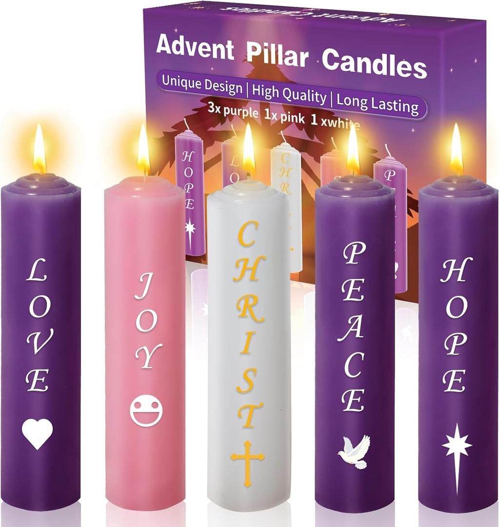 Advent Pillar Candles Set of 5-7" x 2" Unscented Christmas Decorations Round Candle, Seasonal Candle with Words Love, Joy, Christ, Peace, Hope for Advent Wreath - 3 Purple, 1 Pink, 1 White
