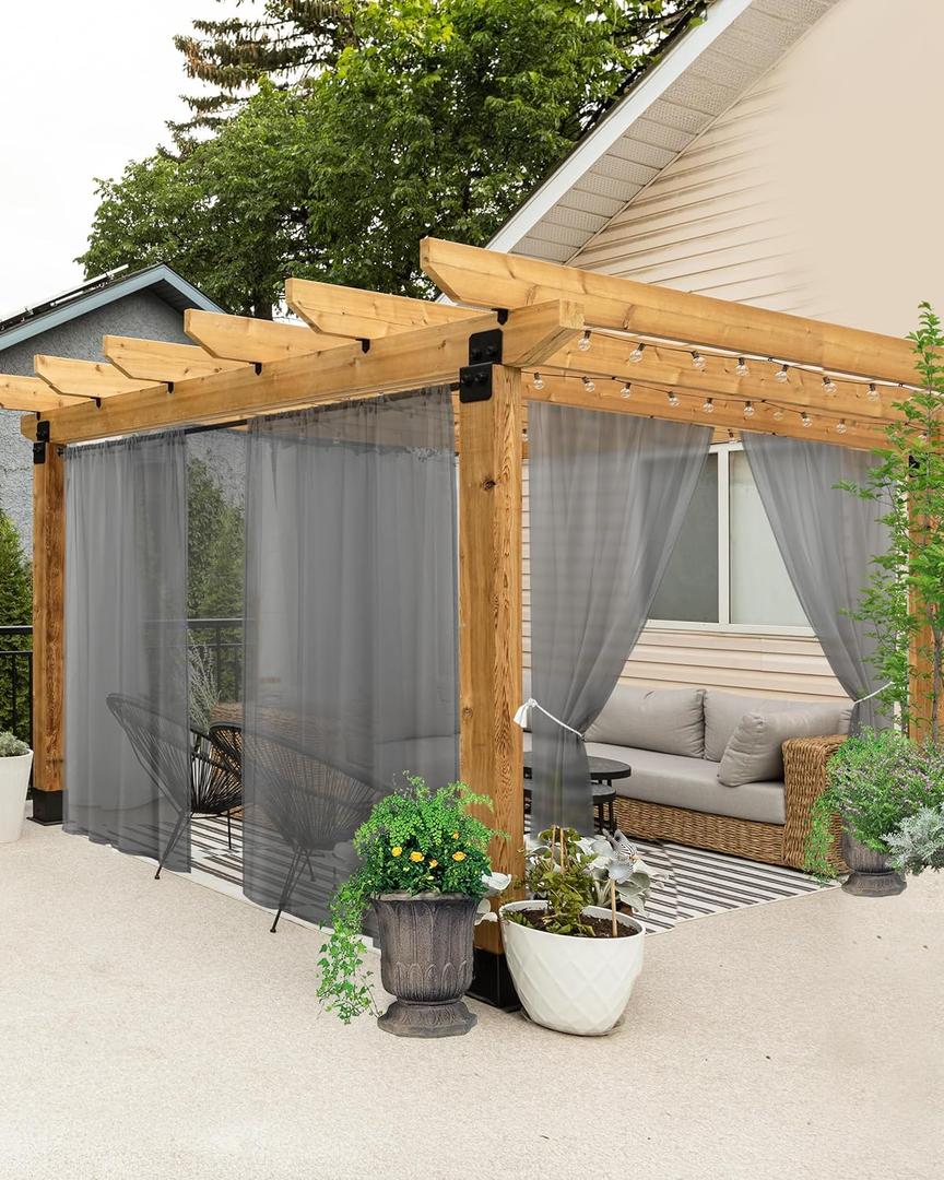 HolidayIdeas All Weather Outdoor Patio Curtains 6 Pcs Linen Look Rod Pocket Grey Sheer Outdoor Curtains for Porch, Balcony, Gazebo, Pergolas, Cabana,54x84 Inch