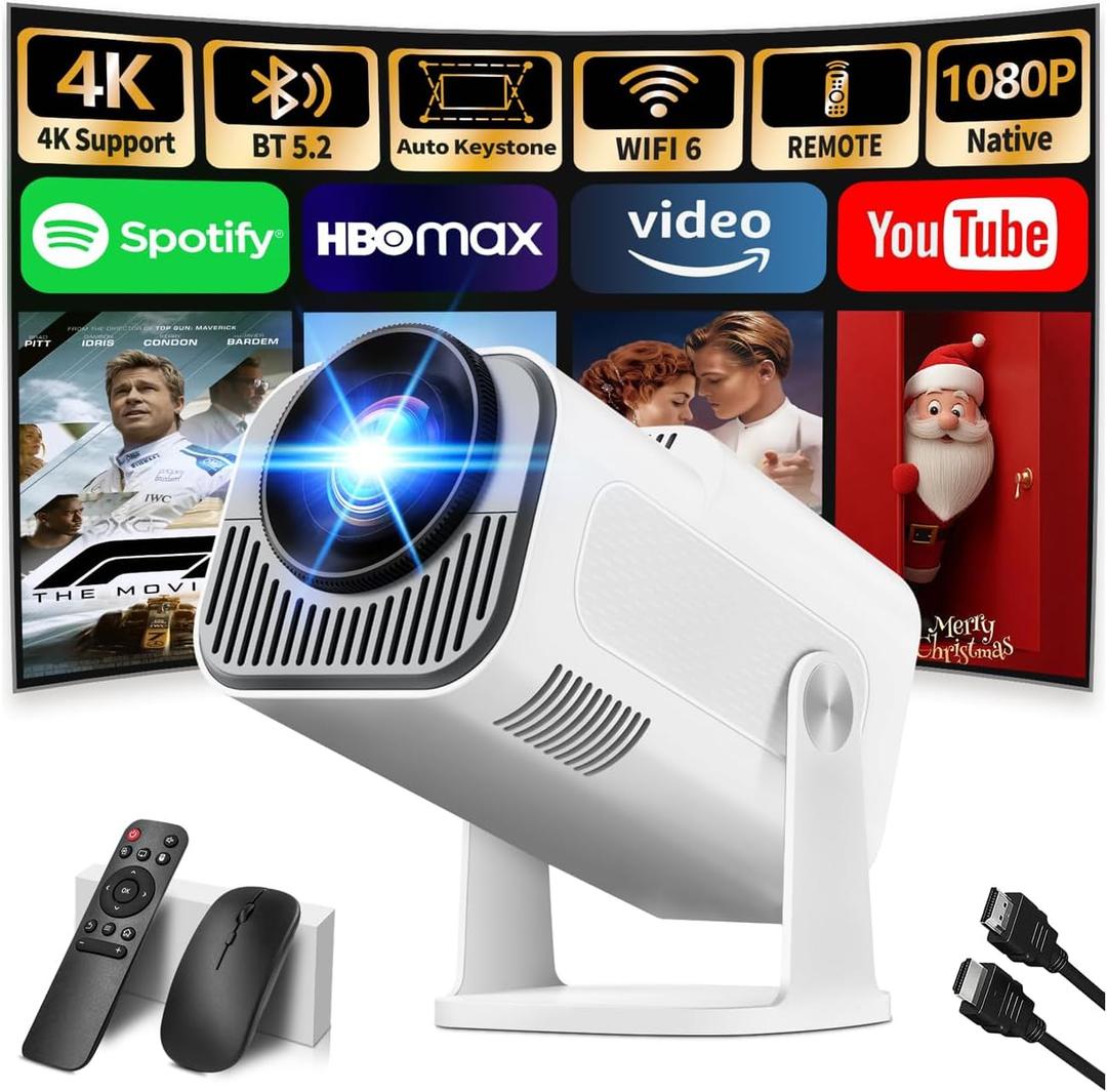 [Projector 2026 Upgraded] Mini Projector Support 4K 1080P Auto Keystone 270Rotatable with WiFi 6 and Bluetooth 5.2 Projector Portable Compatibile with HDMI/TV Stick/Memory Stick/Laptop,White