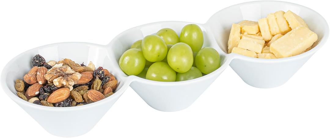 Restaurantware-13.4 x 4.9 x 2.3 Inch Triple Dip Bowls, 1 Microwavable Condiment Server - 3 Compartments, Microwavable, White Porcelain Dip Tray, Dishwashable, For Snacks, Condiments, Or Toppings
