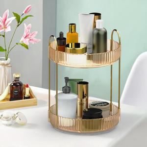 360 Rotating Makeup Organizer for Vanity - Spinning Bathroom Organizer Countertop, Large Storage Cosmetic Display Tray, Make Up Counter Shelf for Perfumes, Skincare Lotions, Lipsticks (2 Tiers, Gold)