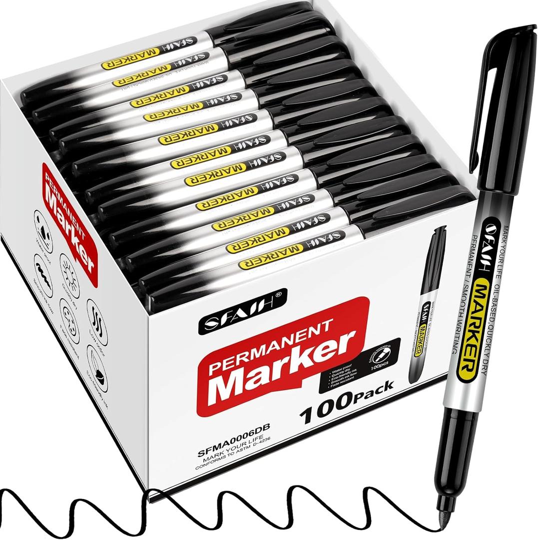 SFAIH 100 Black Permanent Markers Bulk -1s Quick Drying, Fine Point Markers for Write Mark, School, Office, Warehouse, Business, Logistics, Durable, Waterproof Ink on Paper, Plastic, Metal, Cardboard