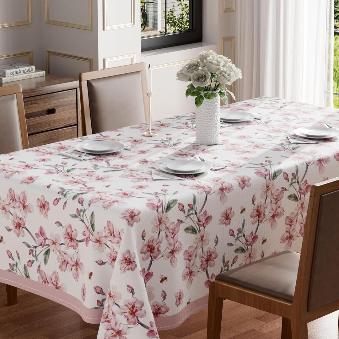 Watercolor Pink Flowers Leaves Bees Spring Tablecloth Square Washable Table Covers for Summer Seasonal Indoor Outdoor Dining Table Home Party Decorations 60x60 Inch