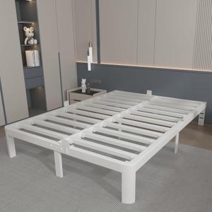 10 Inch Queen Bed Frame, White Bed Frame Queen Size with Metal Baffles, No Box Spring Needed, Heavy Duty Steel Platform Support, Rounded Corner Legs, Reserved Holes, Noise Free, Storage Space