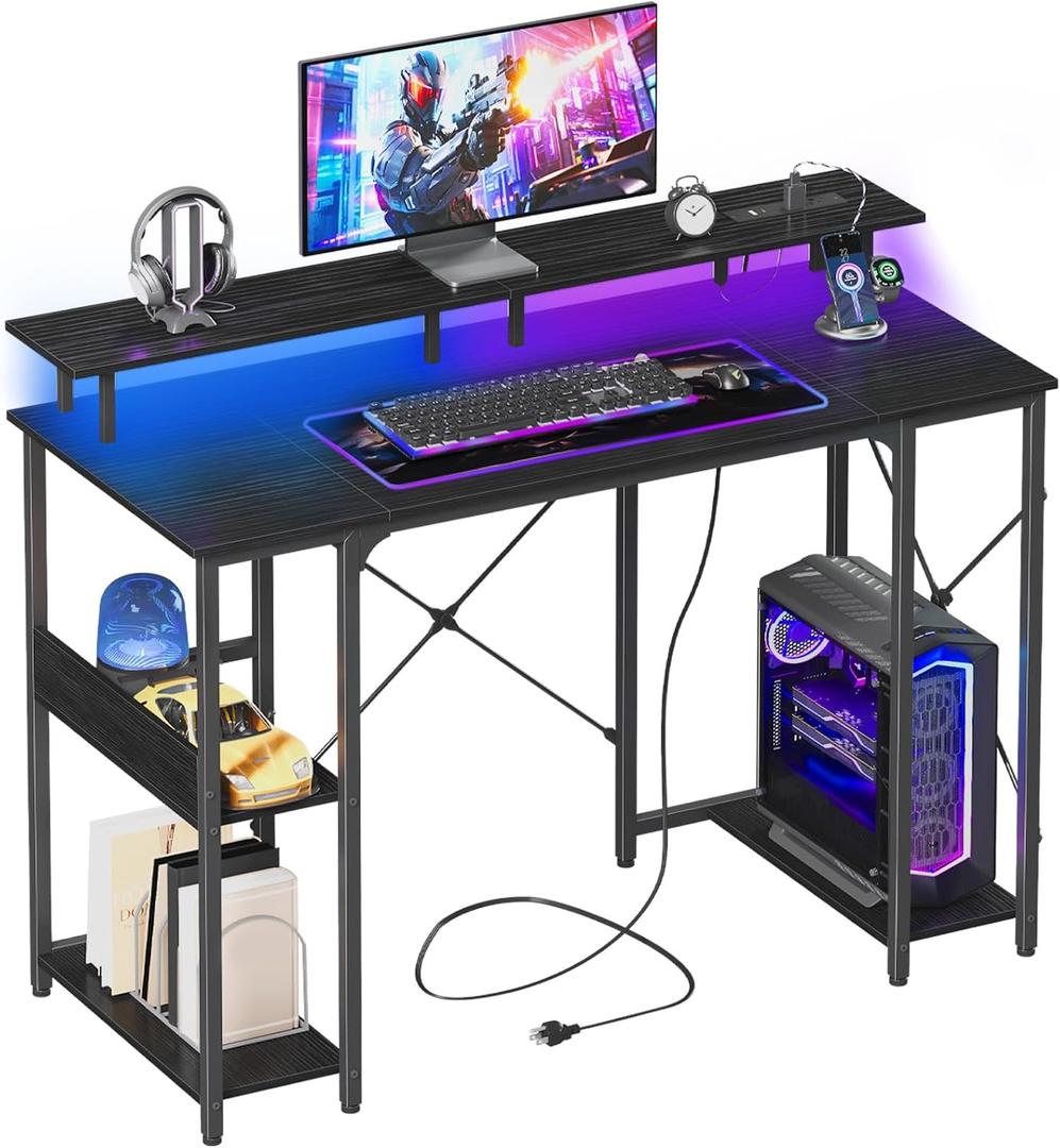Somdot 39" Computer Desk with LED Lights & Power Outlet Storage Shelves