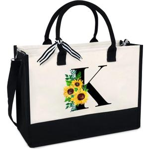 Sunflower Tote with Zipper Pocket, 13oz Monogram Tote Bags for Women, Birthday, Christmas, Teacher Gifts