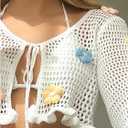 Milumia Women's Tie Crochet Long Sleeve Open Front Lightweight Knit Cropped Cardigan Sweaters Cover Up (White, L)