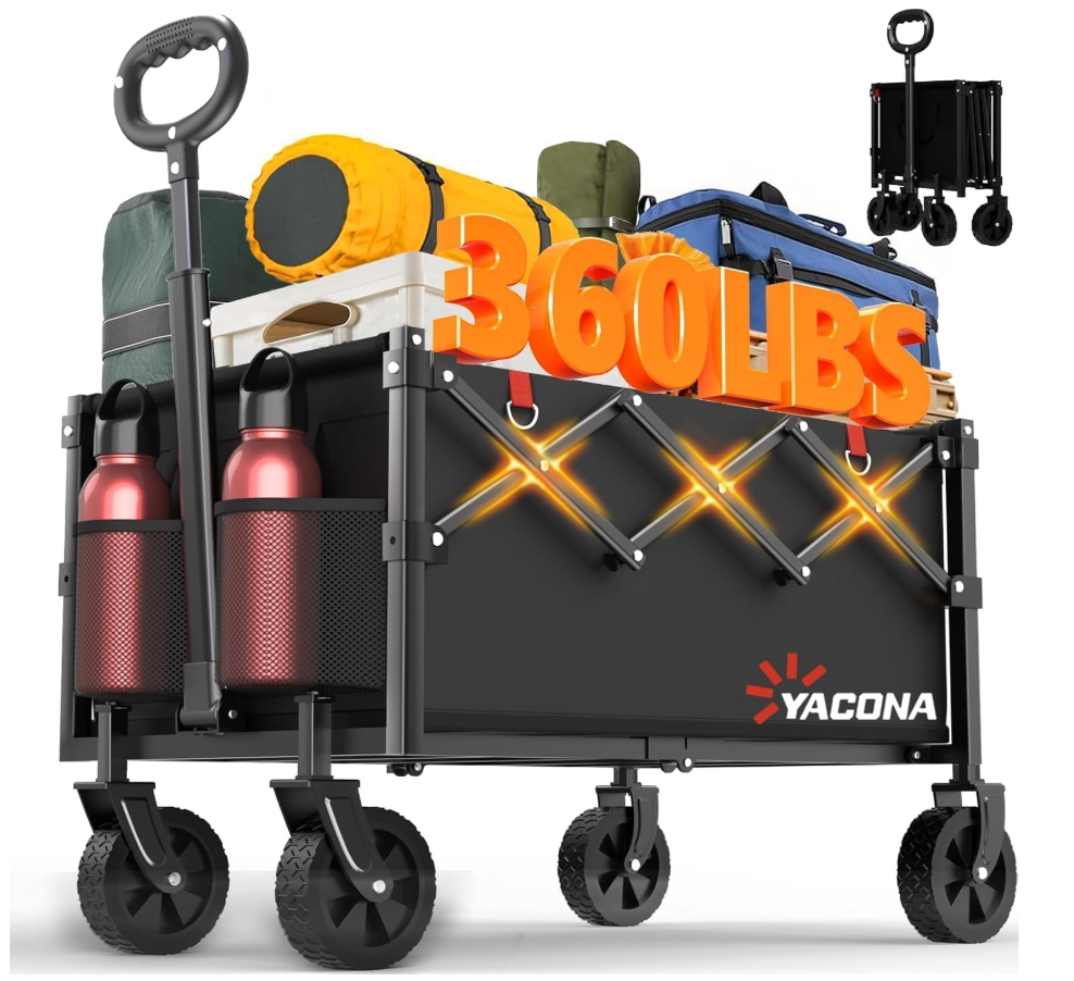 Yozoia Wagons Carts Foldable, Lightweight Portable Utility Shopping Cart with Wheels, Folding Grocery Wagon Cart for Grocery, Camping, Shopping, Beach, Garden, Sports Black