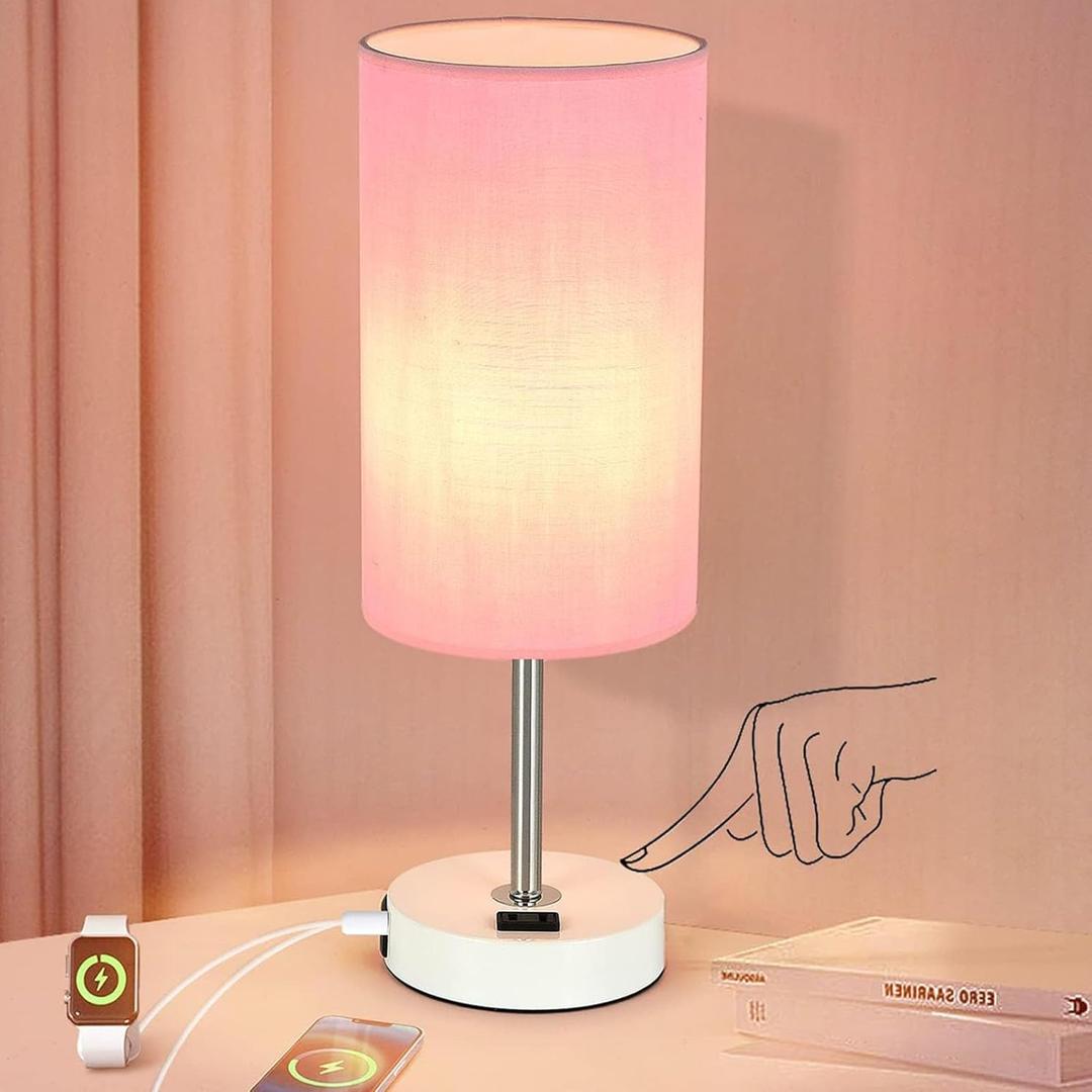 Table Lamp with USB Port - Desk Lamp Touch Lamp Bedside Lamps for Bedroom, 3 Way Dimmable Small Lamps for Living Room, Nightstand, Nursery, Dorm, Home, Office, White Base+ Pink Lampshade