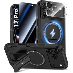 Goton for iPhone 17 Pro Case with Privacy Tempered Glass Screen Protector & Camera Lens Protector, Compatible with MagSafe, Invisible Kickstand, Shockproof Phone Cover, Black