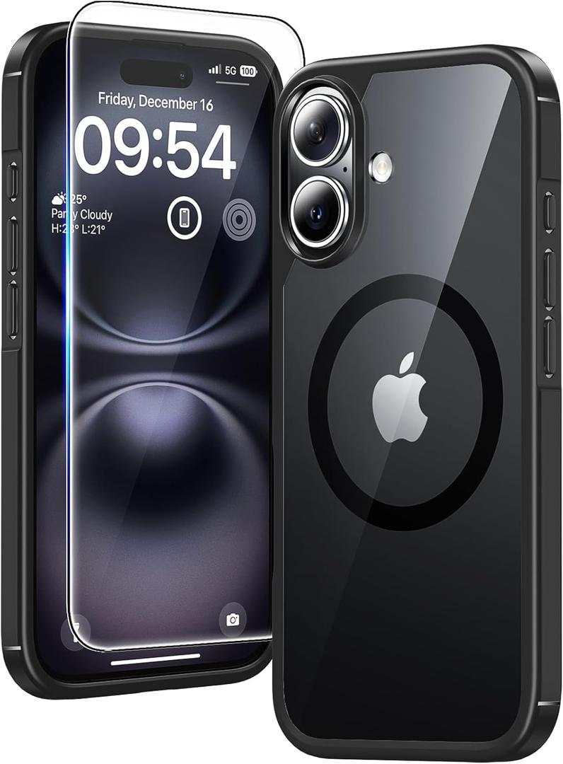 TAURI for iPhone 16 Case, Compatible with MagSafe [Anti-Yellowing] with Screen Protectors, Military-Grade Protection, Shockproof Slim Magnetic Phone Case for iPhone 16 6.1", Black