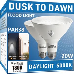 Gonhom Par38 LED Dusk to Dawn Flood Light Bulbs Outdoor,20W Replace up to 200W,1800LM,E26 Base Outdoor Flood Light Bulbs for Backyard,Garage,Porch,Garden,5000K 2 Pack