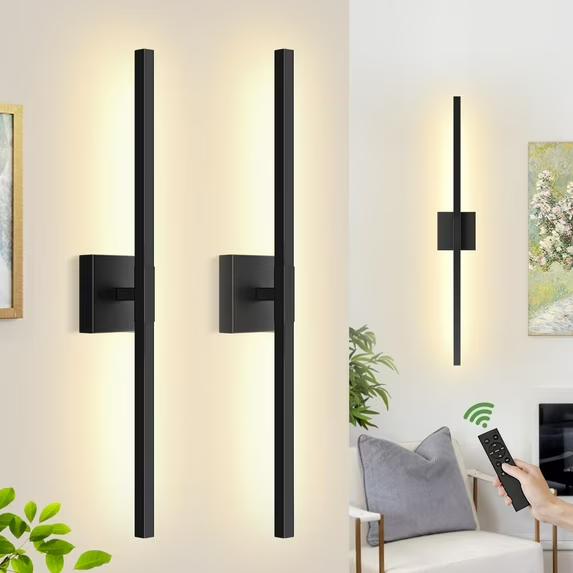 30" Battery Operated Wall Sconces Set of Two, Dimmable Battery Wall Sconce with Remote Control, 2700K-6500K LED Black Rechargeable Wall Sconce, Wireless Sconces Wall Decor Set of 2 for Living Room
