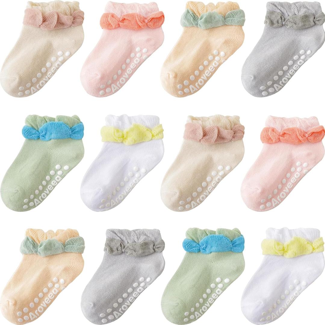 Aroveea Non Slip Grip Ankle Baby Socks 12 Pack for Toddler Boys and Girls Kids Infant Baby Cute Cotton Socks