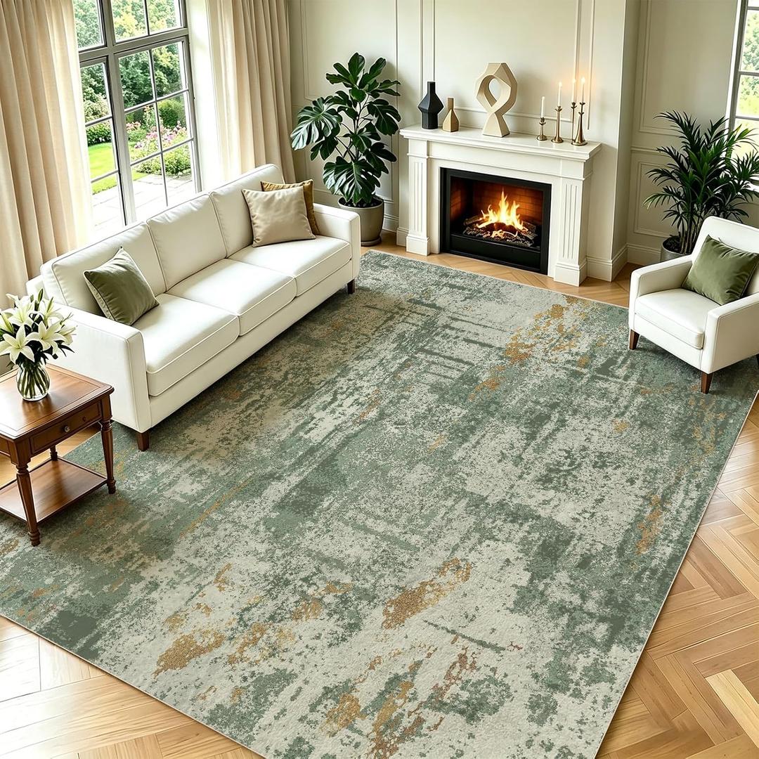 8x10 Abstract Area Rugs Washable: Living Room Rug Non-Slip Low Pile Large Throw Rugs for Bedroom Dining Room Soft Indoor Carpet for Modern Farmhouse Decor New Home(Green/Gold,8x10)
