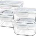 Square Glass Containers with Lids 24oz - Borosilicate Glass Food Storage Set 3 Cup, Freezer Safe Meal Prep Containers, Sandwich Lunch Box, Yogurt Cereal Bowls with Vented Lids BPA Free 4 Pack