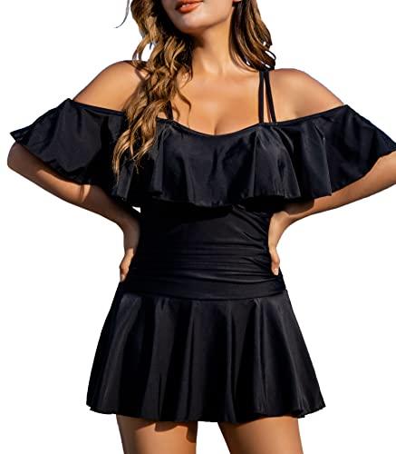COCOPEAR Women's One Piece Flounce Swimsuit Off Shoulder Bathing Suit Tummy Control Swimdress Black.XL