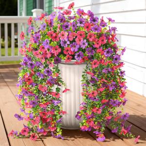 Artificial Hanging Flowers for Outdoors, 2 Pcs Fake Hanging Plant Spring Summer Decoration, UV Resistant No Fade Faux Silk Daisy Flower for Planter Porch Patio Yard Garden Decor(Purple Hot Pink)