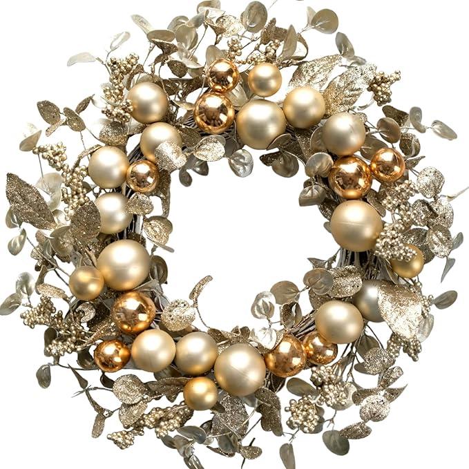20 Inch Christmas Ball Wreath for Front Door Golden Ornament Wreath for Christmas Festival Celebration Home Party Decors Shatterproof Hanging Ornament Decors