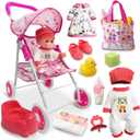 Baby Doll Stroller Set Interactive Baby Doll Eyes Open & Close with Doll Accessories Pretend Play Playset Realistic Baby Stroller Toy for Kids Toddlers Girls Ages 3+