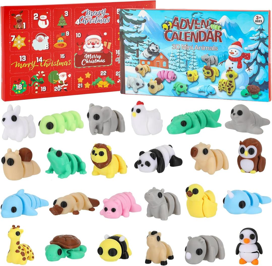 Advent Calendar 2025 Mini 3D Printed Animals Set, 24 Days Christmas Countdown Calendar, 3D Printed Animal Articulated Flexible Fidget Toy, Cute Tiny Animals for Boys Girls Christmas Party Favors Gifts