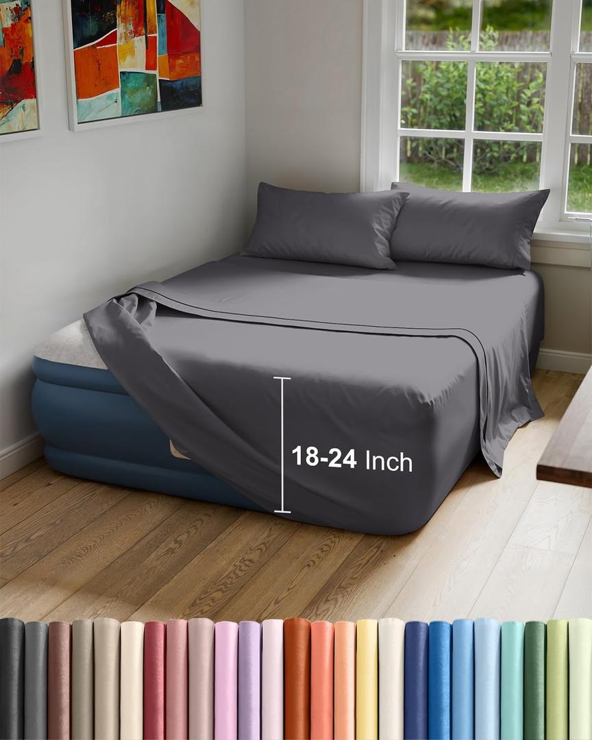 Air Mattress Sheet Set for Queen Size - 4 Piece Breathable & Cooling Sheets w/Extra Deep Pockets - Fits Inflatable & Blow Up Air Mattresses Up to 24 Inches Thick - Soft and Wrinkle Free - Dark Grey
