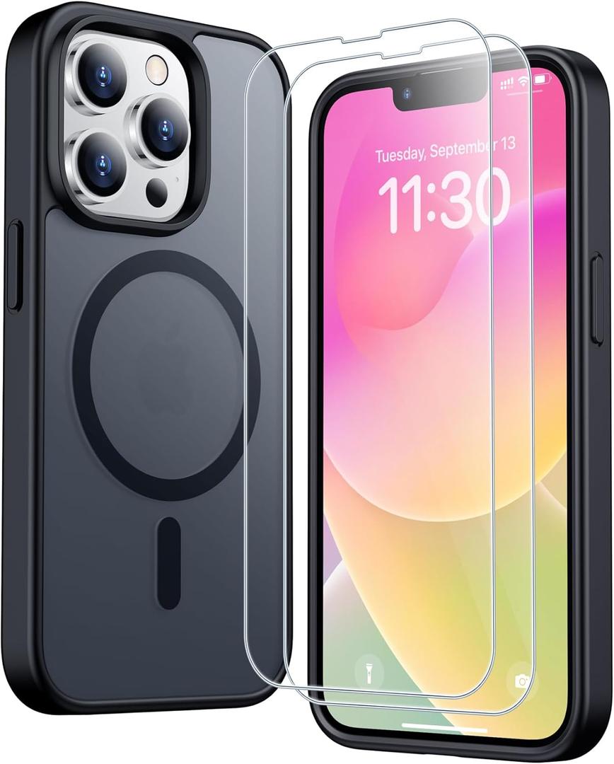 SPIDERCASE for iPhone 14 Pro Case, Magnetic Translucent Matte Case with 2PCS Tempered Glass Screen Protector Slim Phone Case for iPhone 14 Pro 6.1'', Black