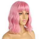 Pastel Bob Wigs with Bangs for Women Loose Wavy Wig Pastel Wavy Shoulder Length Bob Synthetic Cosplay Wig for Girl Colorful Costume Wigs (Pink)