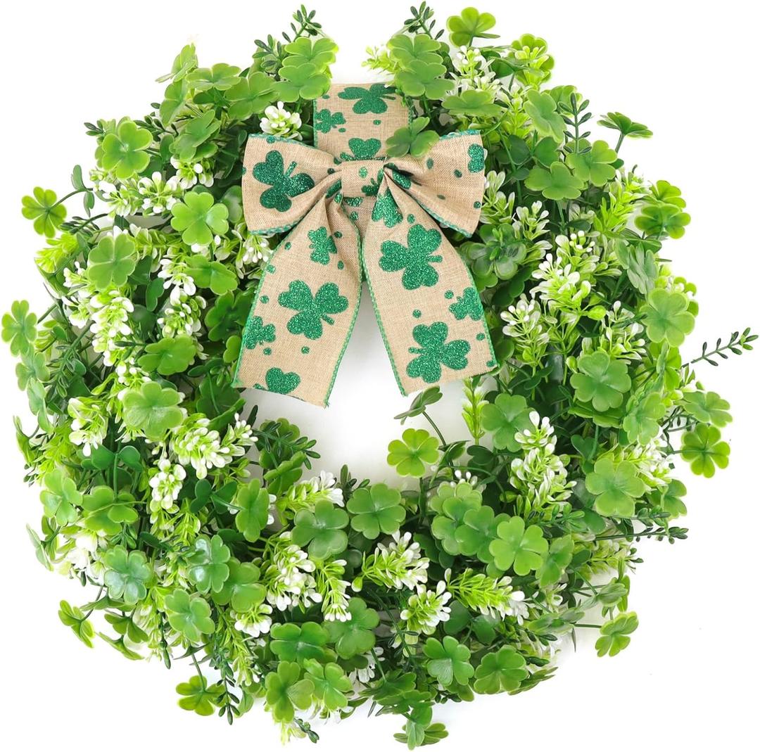 POILKMNI 18 Inch St Patricks Day Wreath Decorations, Artificial Shamrock Clover Decor with Bows for Front Door, Home, Wall, Porch, Party Supplies