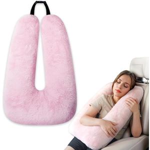 Pink Soft Cotton Travel Neck Pillow -Ergonomic Support for Child and Adult Car Seats, Cozy Compact Pillow for Long-Distance Travel Essentials