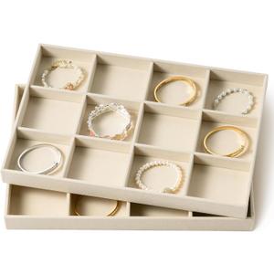 pickpiff Drawer Jewelry Organizer & Display Trays: 2pcs 12grid Velvet Stackable Jewelry Case (13.8x9.4x1.2inch) - Soft Beige Necklace Holder Bracelet Display Watch Box