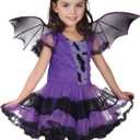 Kids Girls Princess Bat Dress Halloween Costume Set with Headband and Wings (4-6Years, Purple)