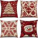 PICKFORU Christmas Throw Pillow Covers 18X18 Set of 4, Christmas Tree Snowman Jingle Bells Snowflake Winter HolidayXmas Decorative Pillow Cushion CasesOutdoor Living Room Pillow Covers