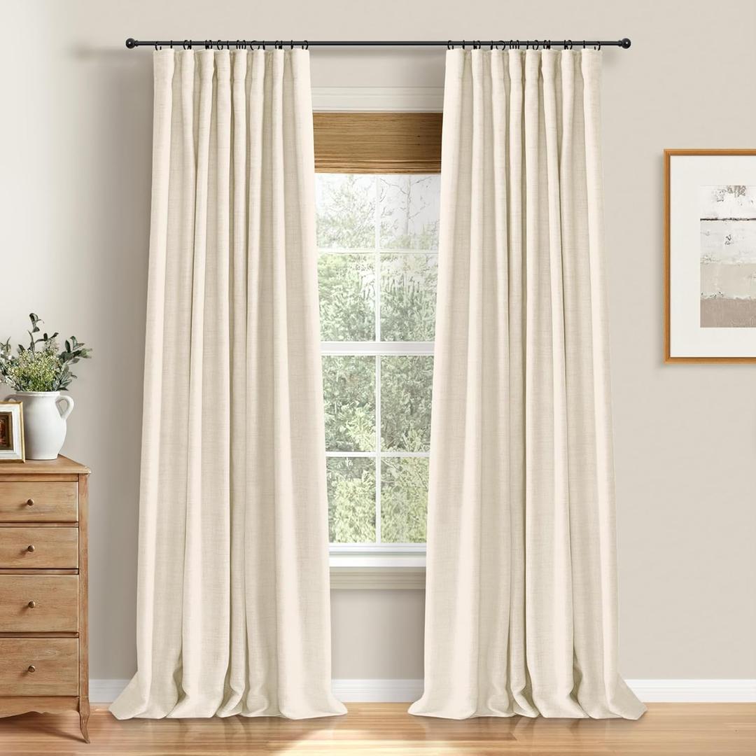 100% Blackout Shield Full Blackout Curtains for Bedroom 96 inch Length 2 Panels Set, Clip Rings/Rod Pocket Faux Linen Black Out Curtains for Living Room, Thermal Insulated, 50Wx96L, Cream