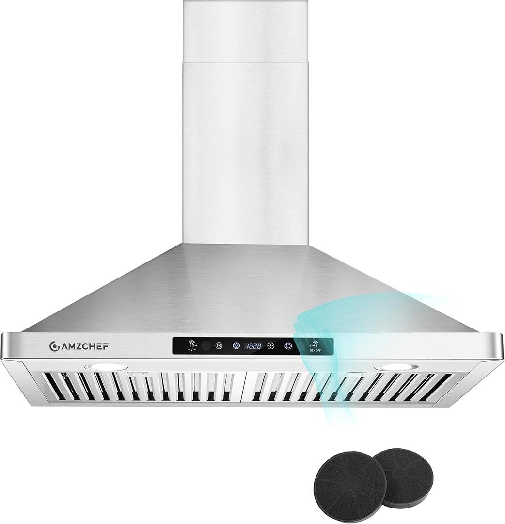 AMZCHEF Wall Mount Range Hood 30 inch: 1050 CFM Stainless Steel Kitchen Stove Vent Hood with 3 Speed Exhaust Fan, Touch/Remote/Gesture Control Kitchen Exhaust Fan with Dishwasher-Safe Baffle Filters