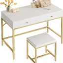 SUPERJARE 31.5" White and Gold Desk with 2 Drawers, Modern Makeup Vanity with Padded Stool, Small Computer Desk Home Office Desk for Writing Study Bedroom