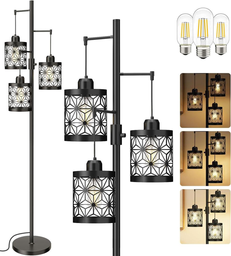 Floor Lamp, Floor Lamp for Bedroom Living Room, Standing Tall Lamps for Office, Dimmable Lamp with Bright 3X 800LM LED Edison Bulbs (Black)
