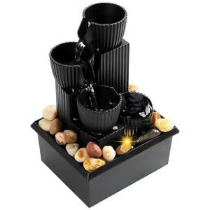 USB Tabletop Water Fountain with Real Stones & Yellow LED – Compact Indoor for Office, Home, Yoga & Meditation – Soothing Waterfall Feature, Quiet Pump, No-Brand – Black