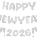 Yeaqee Happy New Year Banner 2026 Glitter Pre-strung Banner 10 Feet for New Year Sign Party Decoration, 2026 Party Supplies(Silver)