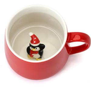 2 x Cute Penguin Ceramic Coffee Mug Hidden 3D Animal In Cup Ideal Creative Holiday Gifts Christmas and Birthday Gifts for Animal Lovers Family Kids Friends Colleagues 12OZ (Black and Red)