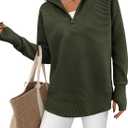 PRETTYGARDEN Womens Long Sleeve Quarter Zip Pullover Sweater Casual Loose V Neck Collared Ribbed Knit Jumper Tops Thumb Hole (Medium, Army Green)