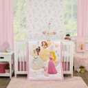 Disney Make A Wish Multi Princess Pink and White Belle, Tiana, and Aurora 3 Piece Nursery Crib Bedding Set - Comforter, Fitted Crib Sheet, and Crib Skirt