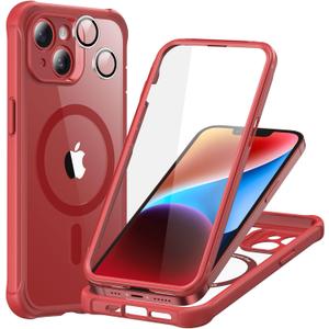 ESR for iPhone 14 Case, Compatible with MagSafe, Full-Body Military-Grade Drop Proof Case with Built-in 9H+ Tempered Glass Screen Protector, Armor Series, Clear Red
