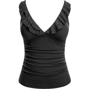 Yonique Women's Tankini Top Only Tummy Control Bathing Suit Top Ruffle Swimsuit Top V Neck Swim Tank Top No Bottom (Black, M)