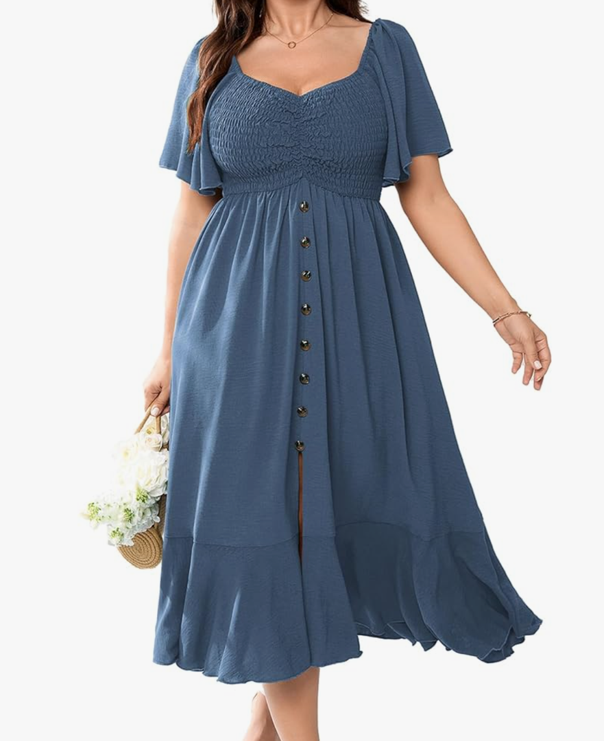 Plus Size Maxi Casual Boho Dress Short Sleeve Smocked Semi Formal Wedding Guest Dresses for Curvy Women Button Down, 2XL, Dusty Blue