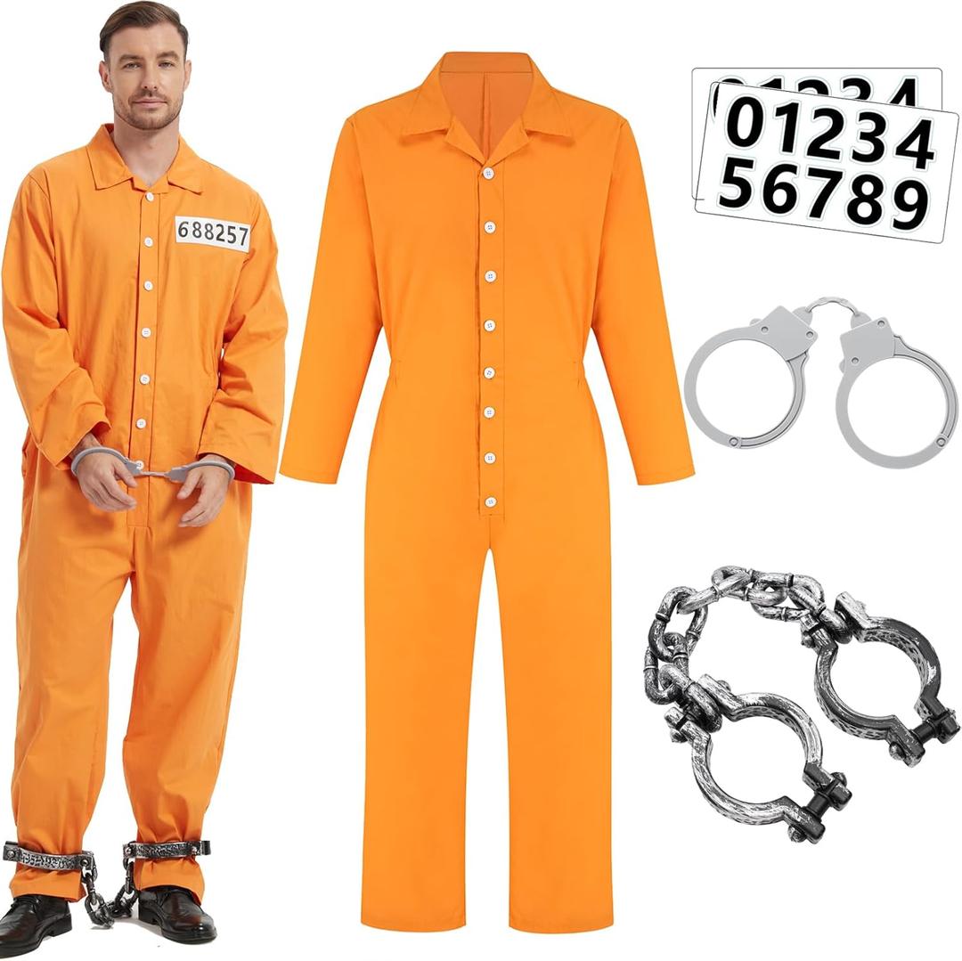 ZeroShop Halloween Costume for Men Prisoner Jumpsuit Jail Convict Jailbird Orange Outfit and Accessories (Large)