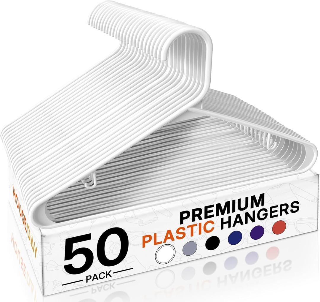 HOUSE DAY White Plastic Hangers 50 Pack, Plastic Clothes Hangers with Built-in Hooks, Durable and Strong Plastic Coat Hangers for Closet, Space Saving Clothing Hanger for Shirts, Coats, Skirt, Dress