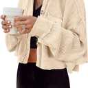 Panadila Women's Cropped Waffle Knit Shacket Short Button Down Jacket Batwing Sleeve Shirts with Pocket (Beige), Small