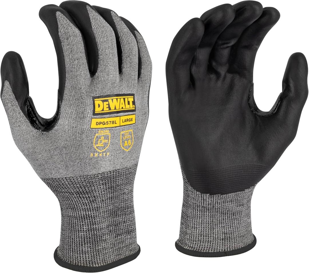 DEWALT DPG578 Foam Nitrile A6 Cut Resistant Glove for Outdoor Work, Construction and General Purpose - Size L - Pack of 12 (Large, Black / Gray)